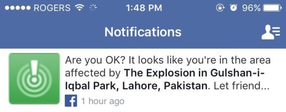 Ảnh: Facebook kích hoạt nhầm tính năng thông báo an toàn sau vụ tấn công khủng bố tại Pakistan ngày 27-3 - Ảnh: QZ