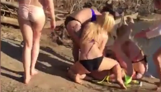 Ba cô gái mặc bikini hành hung một cô gái khác ở bãi biển tại Columbia, South Carolina, Mỹ - Ảnh chụp từ clip
