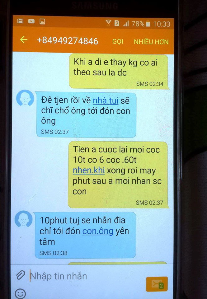 Tin nhắn nghi phạm Nguyễn Bảo Vũ tống tiền gia đình nạn nhân - Ảnh: Ng.Nam