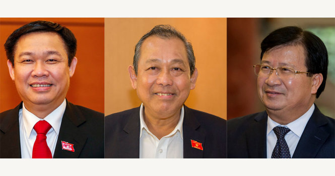 Các ông Vương Đình Huệ, Trương Hòa Bình, Trịnh Đình Dũng (từ trái qua) được Thủ tướng Chính phủ trình Quốc hội phê chuẩn bổ nhiệm làm phó thủ tướng - Ảnh: Việt Dũng