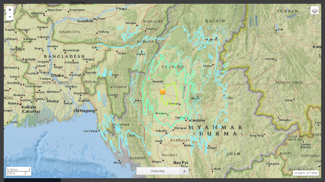 Bản đồ vị trí tâm chấn trận động đất ở Myanmar. Ảnh: USGS