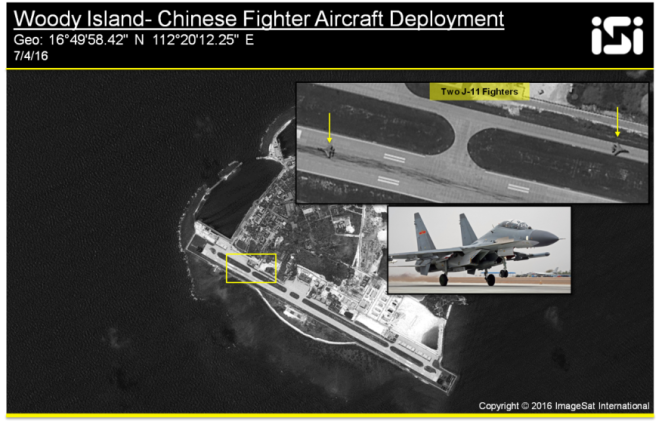 Ảnh vệ tinh cho thấy 2 chiếc J-11 trên đảo Phú Lâm của Việt Nam mà Trung Quốc chiếm đóng trái phép -  Ảnh: ISI