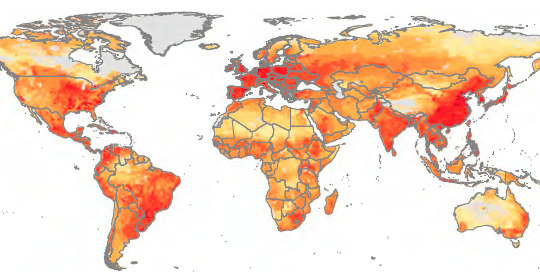 Những khu vực có sản lượng gia súc, gia cầm nhiều nhất cũng chính là những khu vực sử dụng nhiều kháng sinh nhất trong chăn nuôi. Khu vực màu vàng có mức độ sử dụng thấp, cam và đỏ nhạt có mức độ cao hơn và đỏ đậm là mức độ cao nhất.