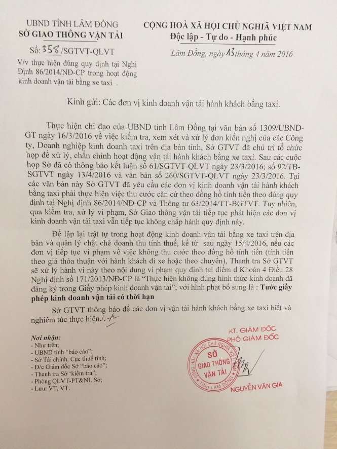 Văn bản chỉ đạo của Sở GTVT tỉnh Lâm Đồng buộc các hãng taxi tính cước theo đồng hồ - Ảnh: C.Thành