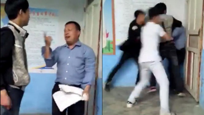 Ảnh cắt từ video clip cho thấy hai thầy trò cự cãi, sau đó là thầy giáo bị đánh túi bụi