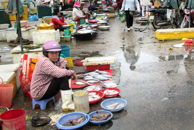 Người bán cá ở chợ cá Đồng Hới ngồi buồn hiu khi vắng khách mua sáng 21-4  - Ảnh: L.Giang