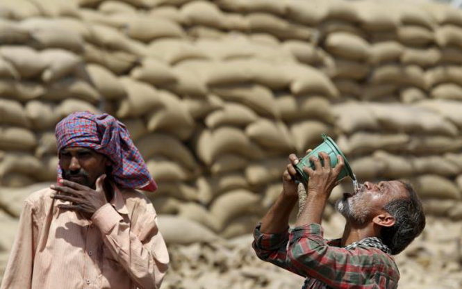 Một người lao động uống nước giải nhiệt ở Chandigarh, Ấn Độ - Ảnh: Reuters