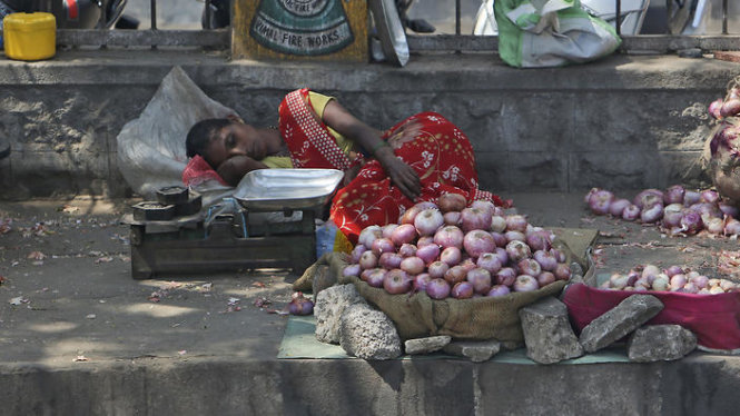 Một người bán hàng tranh thủ nằm nghỉ dưới bóng cây tại Hyderabad, Ấn Độ - Ảnh: AAP