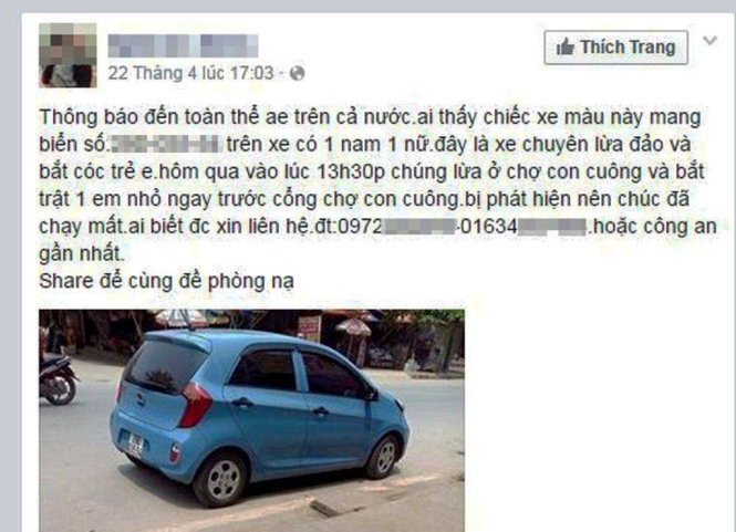 Công an huyện Con Cuông, Nghệ An cho biết tin bắt cóc “hụt” trẻ em trên facebook là tin thất thiệt - Ảnh: D.Hòa chụp màn hình