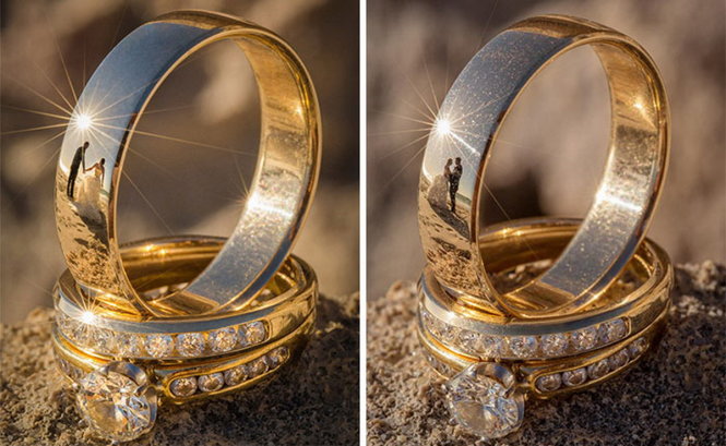 Hình ảnh cô dâu chú rể phản chiếu trên chiếc nhẫn