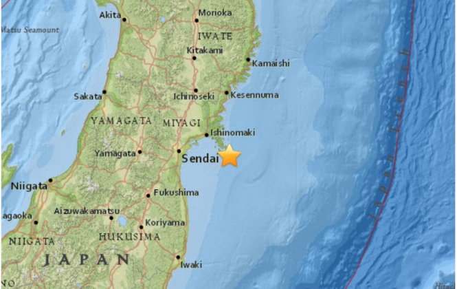 Vị trí xảy ra động đất cường độ 5.1 Ricter 36km phía đông nam Ishinomaki, Nhật Bản - Nguồn: USGS