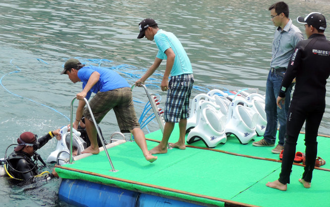 Du khách trong chiếc mũ Sea TREK (màu trắng) được hướng dẫn xuống nước thực hiện Đi bộ trên biển