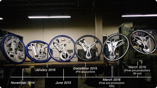 Các mẫu thiết kế bánh xe điện GeoOrbital qua các giai đoạn phát triển thử nghiệm cho đến mẫu hoàn chỉnh - Ảnh: Kickstarter