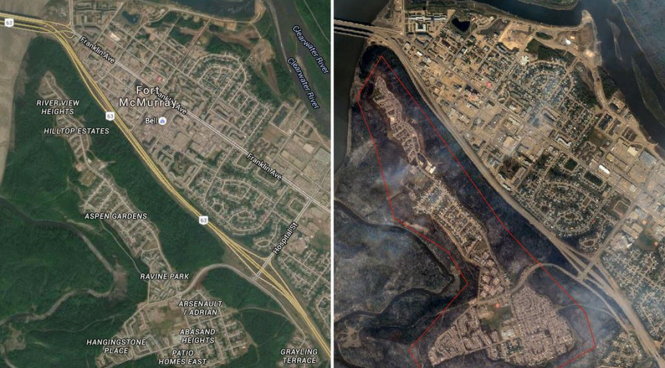 Ảnh vệ tinh cho thấy một vạt màu xanh rộng lớn ở Fort McMurray đã bị lửa thiêu rụi - Ảnh: Google