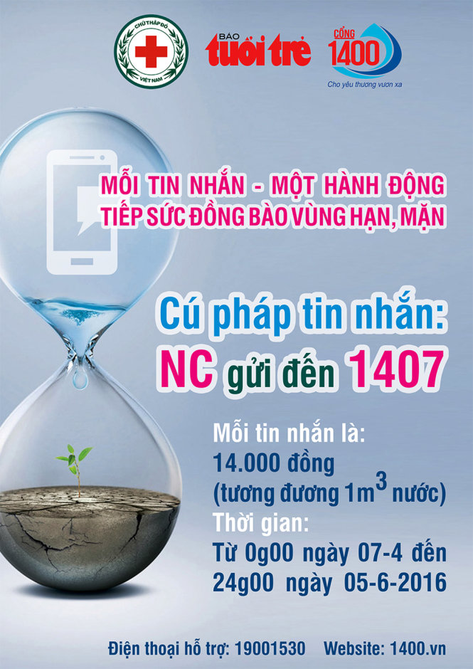 Mỗi tin nhắn gửi đến tổng đài 1407 với cú pháp NC sẽ góp số tiền 14.000 đồng (tương đương 1m3 nước) chia sẻ nhân dân vùng hạn, mặn.