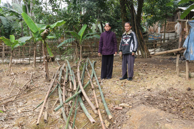 Ông Lê Văn Thành và bà Hoàng Thị Mai tại khu vực đào được trống đồng đền Hùng - Ảnh: Thái Lộc