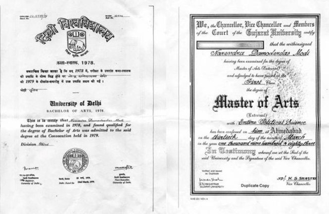 Các bằng cấp của Thủ tướng Ấn Độ Narendra Modi gồm bằng cử nhân do Đại học Delhi cấp (trái) và bằng thạc sĩ do Đại học Gujarat cấp 
- Ảnh: PTI
