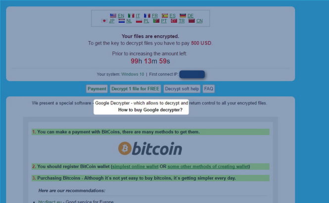 Thông báo yêu cầu nộp tiền chuộc bằng tiền kỹ thuật số Bitcoin (BTC) để cứu lại dữ liệu bị chiếm giữ bởi mã độc CryptXXX - Ảnh: ProofPoint