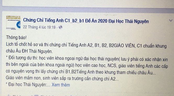 Một trang web rao về kỳ thi chứng chỉ tiếng Anh B1, B2 của ĐH Thái Nguyên - Ảnh: từ Internet
