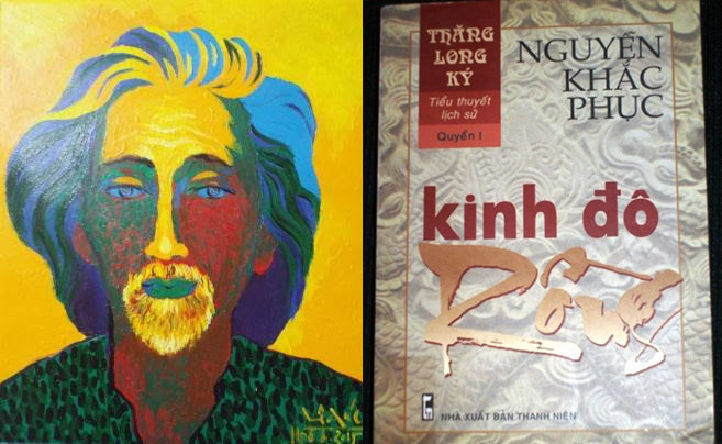 Tranh chân dung nhà văn Nguyễn Khắc Phục của họa sĩ Trần Nhương (trái) và cuốn tiểu thuyết Kinh đô Rồng của ông (phải).