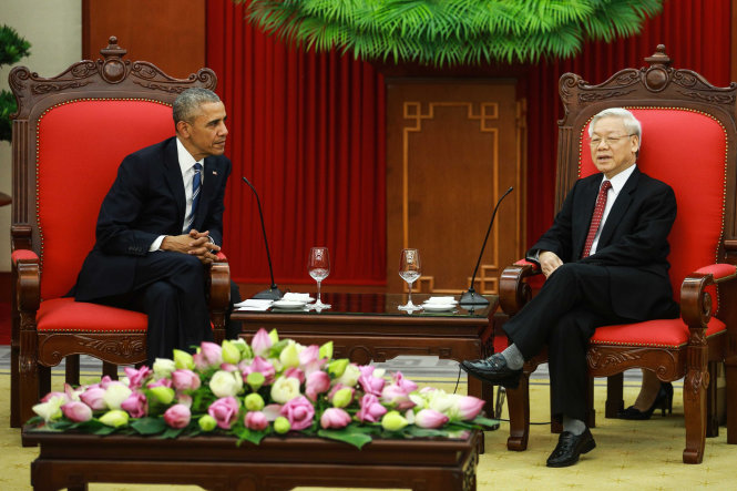 Tổng thống Mỹ Obama hội kiến với Tổng bí thư Nguyễn Phú Trọng vào chiều 23-5 - Ảnh: NGUYỄN KHÁNH