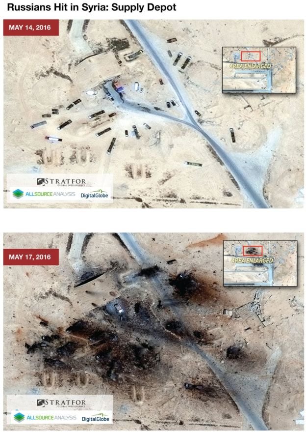 Các hình ảnh vệ tinh do hãng tình báo Stratfor cung cấp về sự việc căn cứ không quân Nga tại Syria bị IS tấn công - Ảnh: BBC