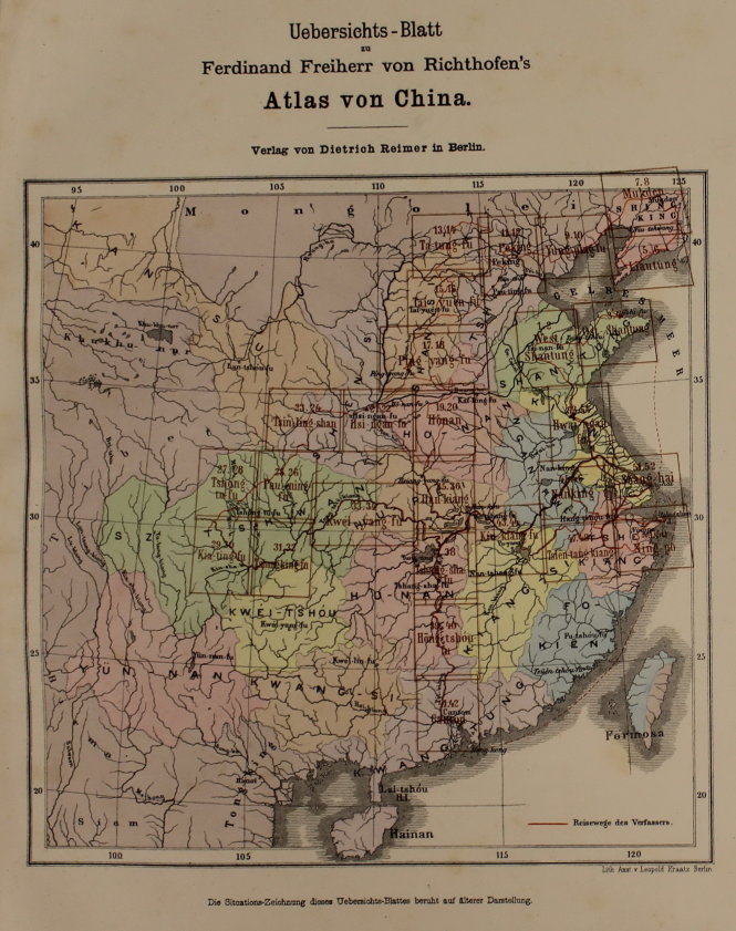 Bản đồ tổng thể Trung Quốc in ở đầu tập I bộ “Atlas von China” chỉ vẽ lãnh thổ Trung Quốc đến đảo Hải Nam                 - Ảnh: T.Đ.A.S.