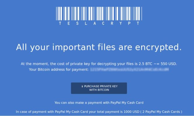 Thông báo khóa máy tính và đòi tiền chuộc của ransomware Teslacrypt. - Ảnh: Fireeye