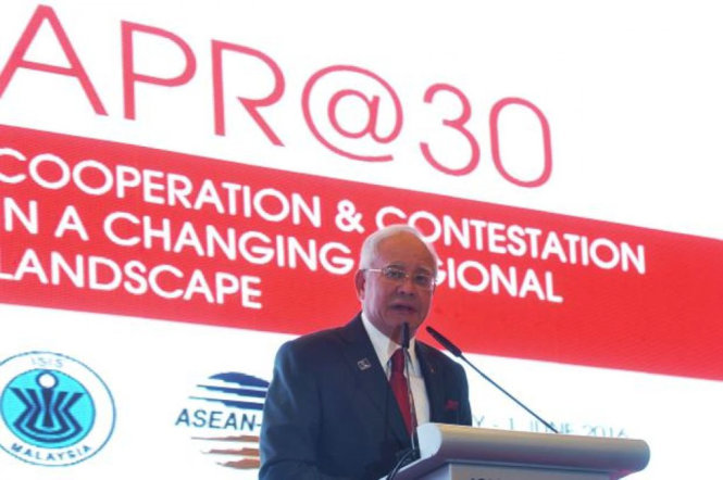 Thủ tướng Malaysia Najib Razak phát biểu khai mạc Hội nghị bàn tròn châu Á - Thái Bình Dương lần 30 tại Kuala Lumpur ngày 30-5 - Ảnh: The Star Online
