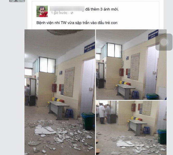 Việc sập trần ở BV Nhi TW được người dân đưa lên Facebook - Ảnh chụp màn hình