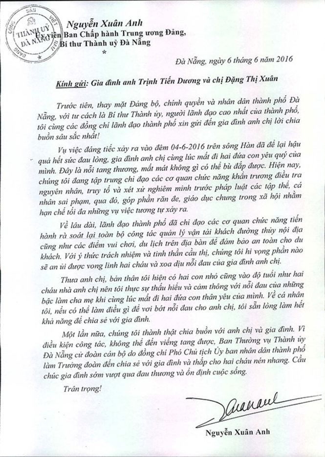 Bức thư ông Xuân Anh gửi gia đình anh Dương và chị Xuân - Ảnh chụp màn hình.