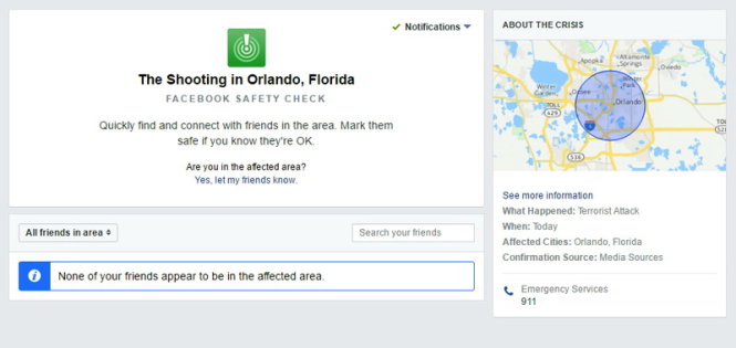 Tính năng Safety Check được Facebook bật lên sau vụ xả súng ở Orlando - Ảnh: theverge.com