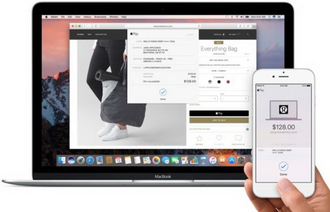 Lướt web mua sắm trên trình duyệt từ máy Mac, trả tiền bằng Apple Pay và chứng thực bằng iPhone hay Apple Watch qua Continuity - Ảnh: Apple