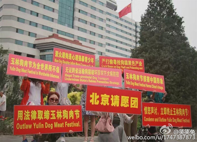 Những người bảo vệ động vật tổ chức biểu tình phản đối lễ hội thịt chó ở Ngọc Lâm - Ảnh: Shanghaiist