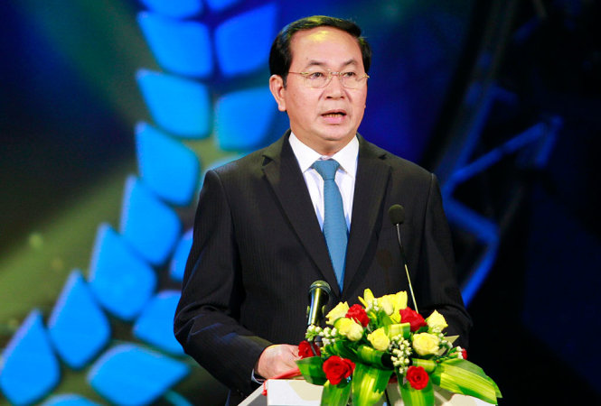 Chủ tịch nước Trần Đại Quang phát biểu và chúc mừng ngày Báo chí Cách mạng Việt Nam tại lễ trao giải - Ảnh: NAM TRẦN