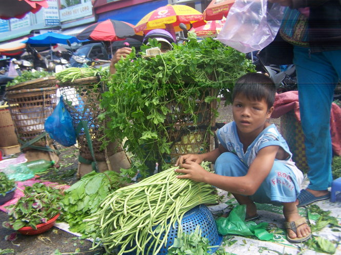 Hằng ngày A Yến ra chợ bán rau cùng mẹ - Ảnh: T.T. NHI
