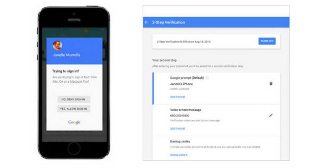Google Prompt sẽ báo vào điện thoại Cho hay Không cho đăng nhập mỗi khi có yêu cầu đăng nhập vào tài khoản Google của bạn (bên trái), và phần kích hoạt Google Prompt (phải) - Ảnh: HackerNews/Google