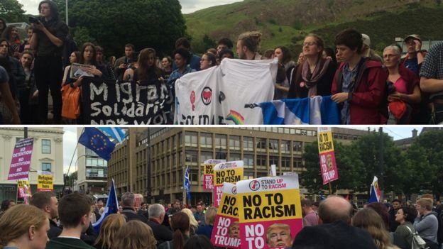 Người dân Scotland tập trung tại Edinburg và Glasgow để biểu thị tinh thần phản đối kết quả trưng cầu và ủng hộ người nhập cư - Ảnh: BBC