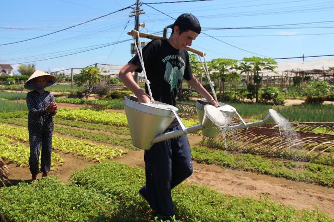 Một du khách được người dân làng rau Trà Quế hướng dẫn kỹ năng tưới nước trên những luống rau - Ảnh: PHAN THÀNH