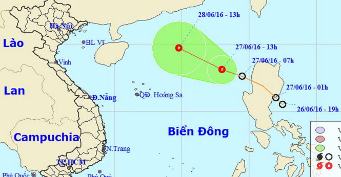 Sơ đồ dự báo hướng đi áp thấp nhiệt đới - Nguồn: Trung tâm dự báo khí tượng thủy văn trung ương (phát lúc 14g30 ngày 27-6)