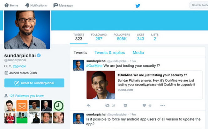 Trang cá nhân của CEO Google Sundar Pichai trên mạng xã hội Twitter đăng tin nhắn 