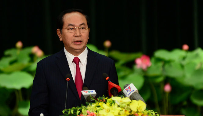 Chủ tịch nước Trương Tấn Sang phát biểu tại lễ kỷ niệm 40 ngày Thành phố Sài Gòn – Gia Định chính thức vinh dự mang tên Chủ tịch Hồ Chí Minh sáng 2-7 - Ảnh: QUANG ĐỊNH