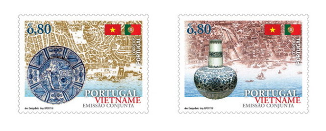 Hai mẫu của bộ tem Việt Nam - Bồ Đào Nha (hình nền tem bên phải là Phố Hội, hình nền tem bên trái là Lisbon) - Ảnh: H.Duy