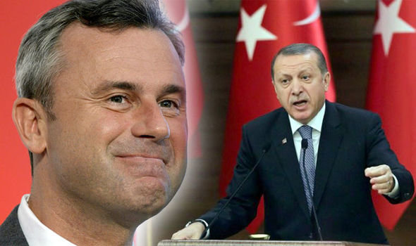 Thủ lĩnh đảng cực hữu Norbert Hofer (trái) và tổng thống Thổ Nhĩ Kỳ Erdogan - Ảnh: Getty Images
