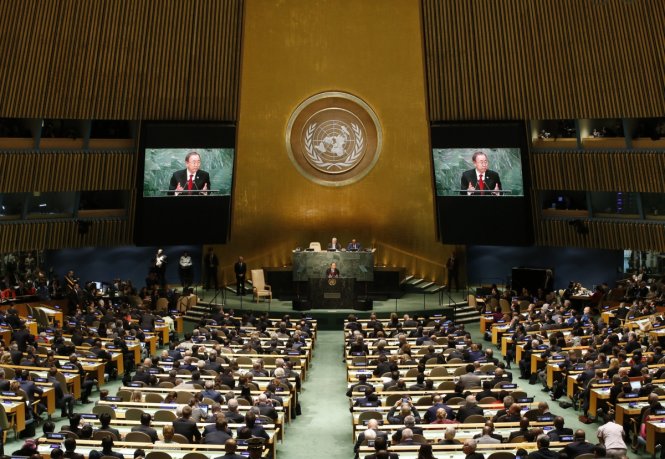 Tổng thư ký Liên Hiệp Quốc, ông Ban Ki Moon phát biểu tại khóa họp thứ 70 của Đại hội đồng Liên Hiệp Quốc hồi năm 2015 - Ảnh: Reuters
