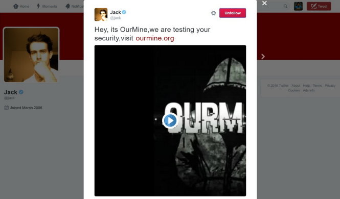 Thông điệp và clip cùng website trong tin nhắn chứng tỏ nhóm hacker OurMine đã chiếm quyền điều khiển tài khoản Twitter của CEO Twitter Jack Dorsey ngày 9-7 - Ảnh: Engadget