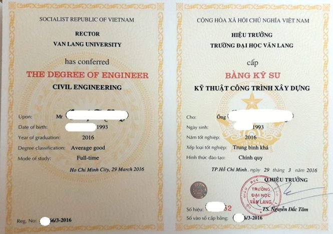 Bằng tốt nghiệp ĐH cấp cho sinh viên Trường ĐH Văn Lang do ông Nguyễn Đắc Tâm ký - Ảnh: T.H.