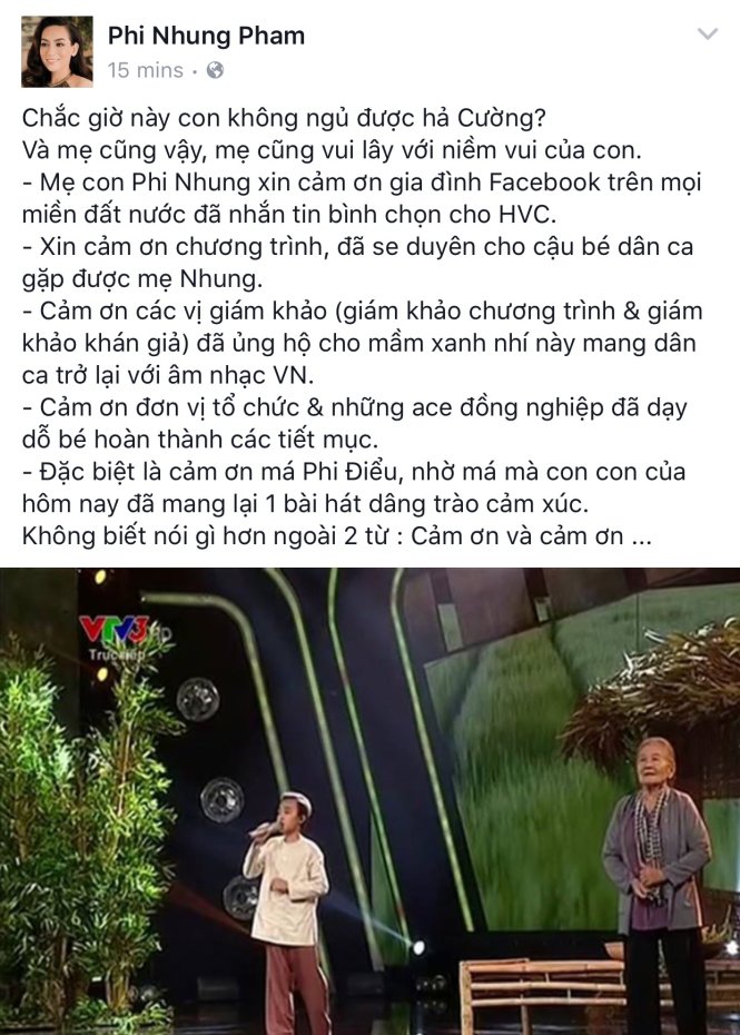 Mẹ nuôi Phi Nhung chúc mừng Hồ Văn Cường - Ảnh: FB Phi Nhung