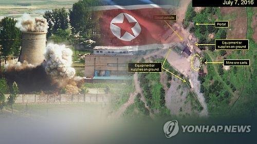 Hình ảnh đồ họa cho thấy quốc kỳ của CHDCND Triều Tiên, khu vực tiến hành thử hạt nhân và hình ảnh vệ tinh về khu vực thử hạt nhân ở Punggye-ri - Ảnh: Yonhap