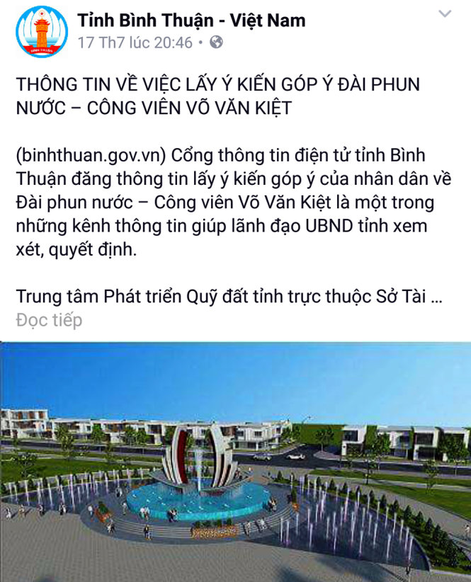 Trang Facebook của Cổng thông tin điện tử tỉnh Bình Thuận đăng tải thông tin lấy ý kiến người dân về công viên Võ Văn Kiệt